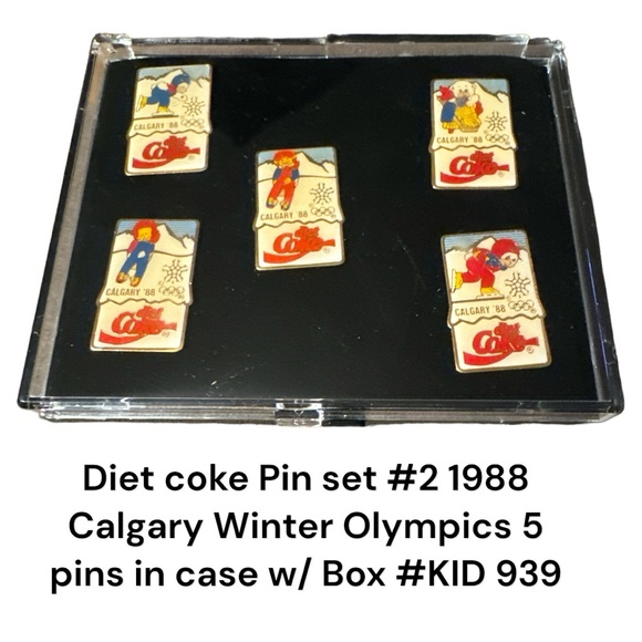 Diet coke Pin set #2 1988 Calgary Winter Olympics 5 pins in case w/ Box #KID 939 - Picture 3 of 9